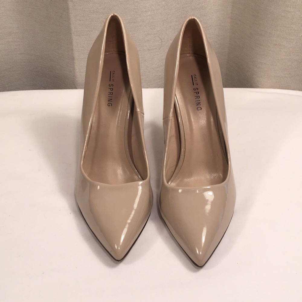 Call it Spring Nude Patent Pointed Toe Pumps